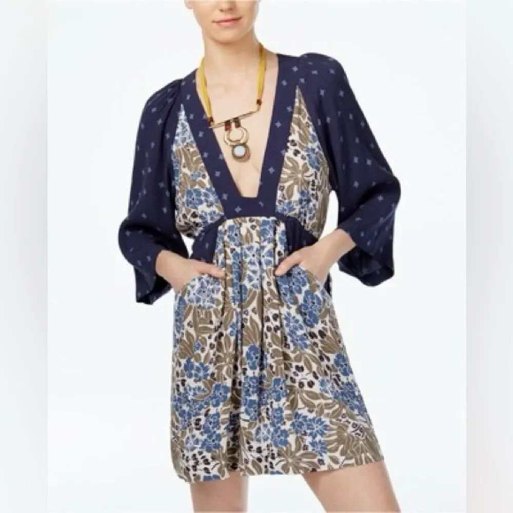 Free People Navy and Beige Floral Mini Dress
